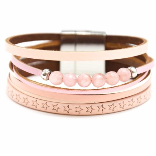 Bracelet-Cuff-Multi-rows-leather-Motif-Stars-pink-with-stones