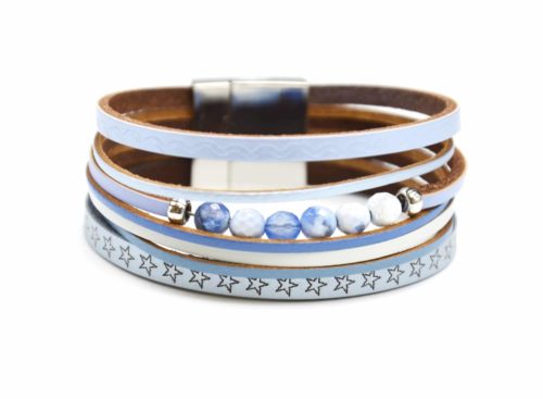 Bracelet-Manchette-Multi-Rangs-Cuir-Motif-Etoiles-Bleu-avec-Pierres