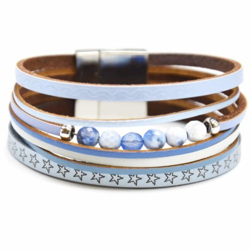 Bracelet-Cuff-Multi-rows-leather-Motif-Stars-blue-with-stones