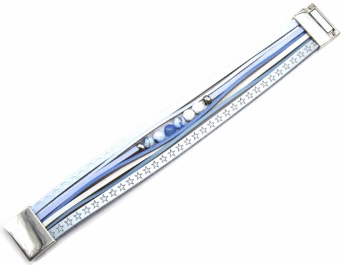 Bracelet-Manchette-Multi-Rangs-Cuir-Motif-Etoiles-Bleu-avec-Pierres