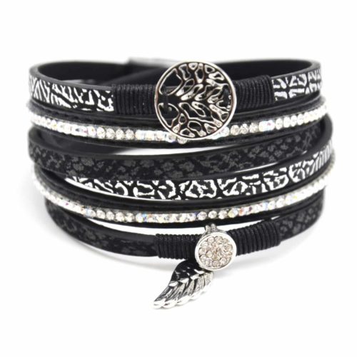 Bracelet-Double-tower-Multi-rang-black-scales-rhinestones-with-charms-tree-of-life-and-wing