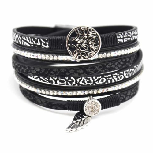 Bracelet-Double-Tour-Multi-Rangs-Noir-Ecailles-Strass-avec-Charms-Arbre-de-Vie-et-Aile