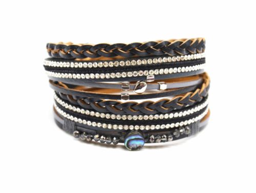 Bracelet-Double-Tour-Multi-Rangs-Cuir-Tresse-Noir-avec-Strass-et-Perles