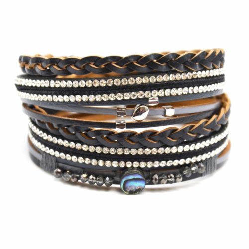 Bracelet-Double-Tour-Multi-Rangs-Cuir-Tresse-Noir-avec-Strass-et-Perles