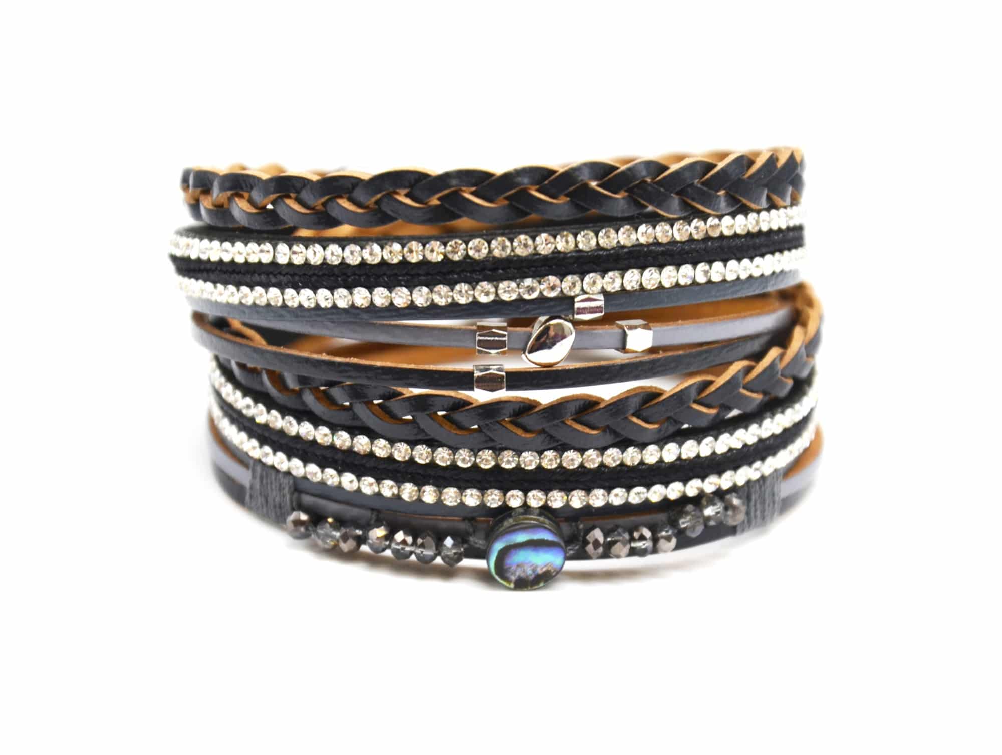 Bracelet Multi-Rangs Cuir Noir et Strass