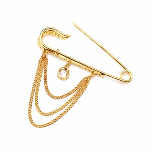 Broche-Epingle-Contour-Strass-avec-Pierre-et-Multi-Chaines-Metal-Dore