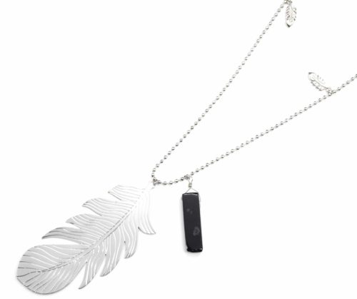 Sautoir-Collier-Pendentif-Plume-Metal-Argente-avec-Pierre-Noire