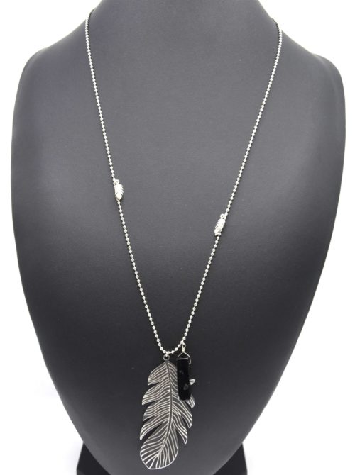 Sautoir-Collier-Pendentif-Plume-Metal-Argente-avec-Pierre-Noire