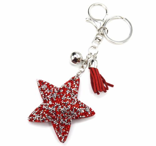 Porte-Cles-Bijou-de-Sac-Etoile-Clous-Strass-et-Feutrine-Rouge-avec-Pompon