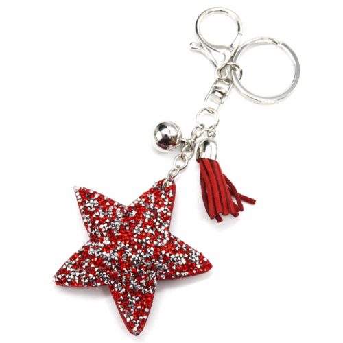 Porte-Cles-Bijou-de-Sac-Etoile-Clous-Strass-et-Feutrine-Rouge-avec-Pompon