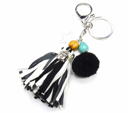 Porte-Cles-Bijou-de-Sac-Franges-Tissu-avec-Etoile-Bouddha-Pompon-Noir