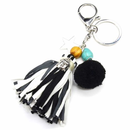 Porte-Cles-Bijou-de-Sac-Franges-Tissu-avec-Etoile-Bouddha-Pompon-Noir