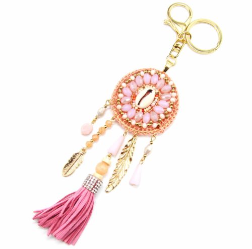 Porte-Cles-Bijou-de-Sac-Cercle-Macrame-Cauri-avec-Perles-Plumes-et-Pompon-Franges-Rose