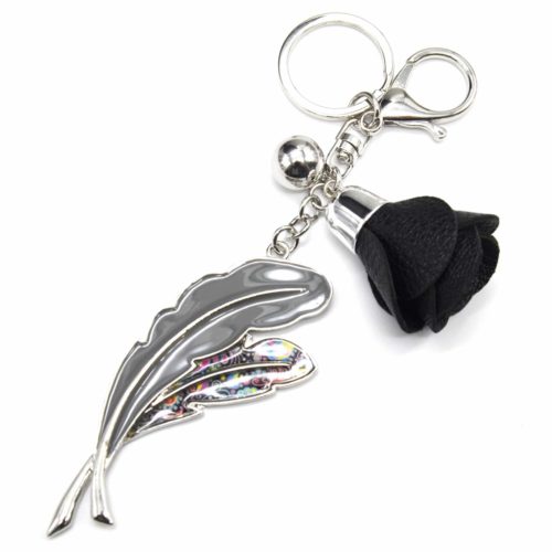 Keychains-Jewel-de-Sac-feathers-Metal-painted-grey-Motif-Liberty-with-flower-imitation-leather
