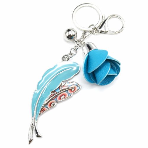 Porte-Cles-Bijou-de-Sac-Plumes-Metal-Peint-Bleu-Motif-Liberty-avec-Fleur-Simili-Cuir