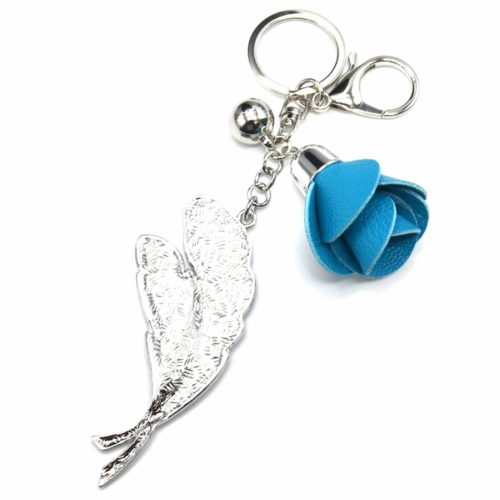 Keychain-Jewel-de-Sac-feathers-Metal-painted-blue-Motif-Liberty-with-flower-imitation-leather
