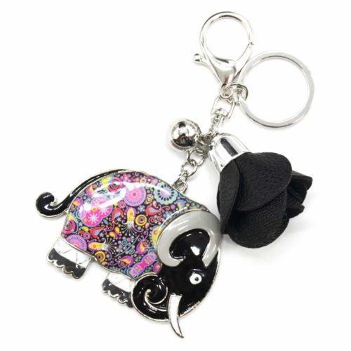 Porte-Cles-Bijou-de-Sac-Elephant-Metal-Peint-Noir-Motif-Liberty-avec-Fleur-Simili-Cuir