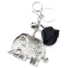 Porte-Cles-Bijou-de-Sac-Elephant-Metal-Peint-Noir-Motif-Liberty-avec-Fleur-Simili-Cuir