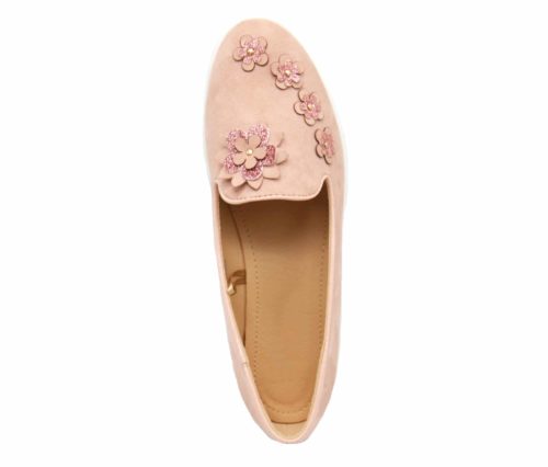 Mocassins-Slippers-Effet-Daim-Rose-avec-Multi-Fleurs-Paillettes-et-Semelle-Compensee-Blanche