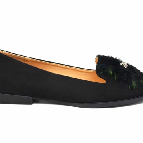 Mocassins-Slippers-Effet-Daim-Noir-avec-Multi-Plumes-Paon-Pierres-et-Petit-Talon