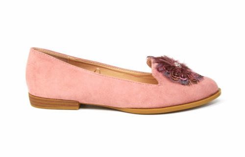 Mocassins-Slippers-Effet-Daim-Rose-avec-Multi-Plumes-Paon-Pierres-et-Petit-Talon