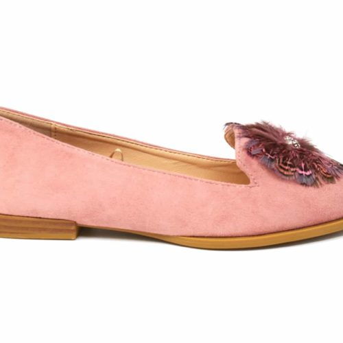 Mocassins-Slippers-Effet-Daim-Rose-avec-Multi-Plumes-Paon-Pierres-et-Petit-Talon