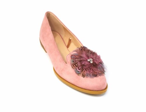 Mocassins-Slippers-Effet-Daim-Rose-avec-Multi-Plumes-Paon-Pierres-et-Petit-Talon