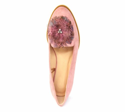 Mocassins-Slippers-Effet-Daim-Rose-avec-Multi-Plumes-Paon-Pierres-et-Petit-Talon