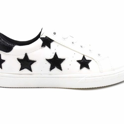 Sneakers-Tennis-sneakers-imitation-leather-white-with-patches-stars-and-end-back-fabric-gloss-Black