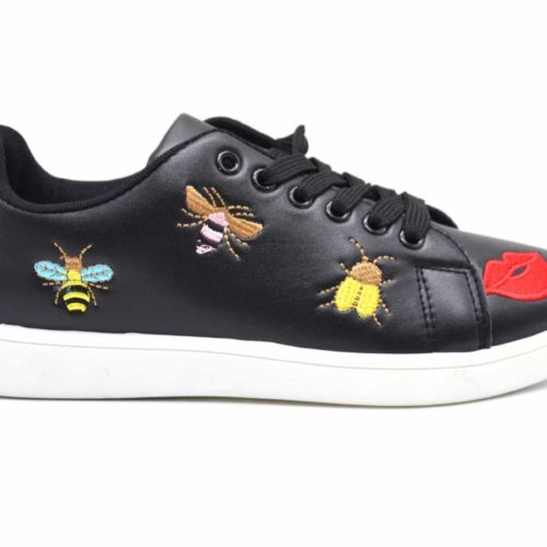 Baskets-Tennis-Sneakers-Simili-Cuir-avec-Patchs-Bouche-Abeilles-Multicolore-et-Bout-Arriere-Perfore-Noir