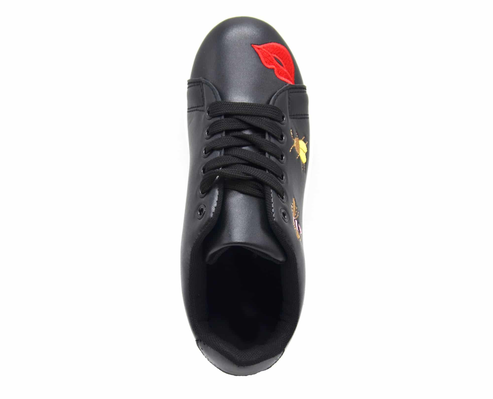 Baskets-Tennis-Sneakers-Simili-Cuir-avec-Patchs-Bouche-Abeilles-Multicolore-et-Bout-Arriere-Perfore-Noir