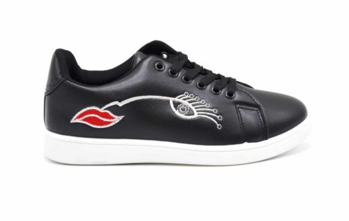 Baskets-Tennis-Sneakers-Simili-Cuir-avec-Broderie-Oeil-Cils-Bouche-et-Bout-Arriere-Perfore-Noir