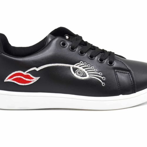 Sneakers-Tennis-sneakers-imitation-leather-with-embroidery-eye-lashes-mouth-and-butt-perforated-black
