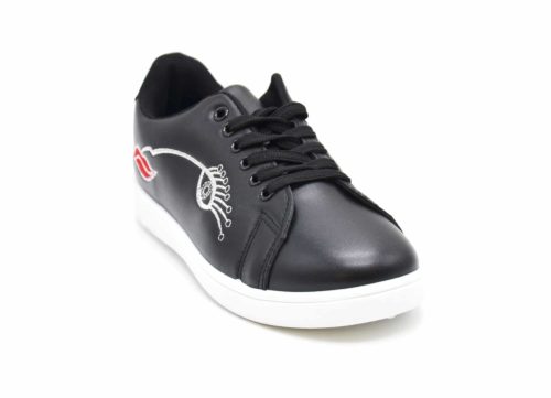 Baskets-Tennis-Sneakers-Simili-Cuir-avec-Broderie-Oeil-Cils-Bouche-et-Bout-Arriere-Perfore-Noir