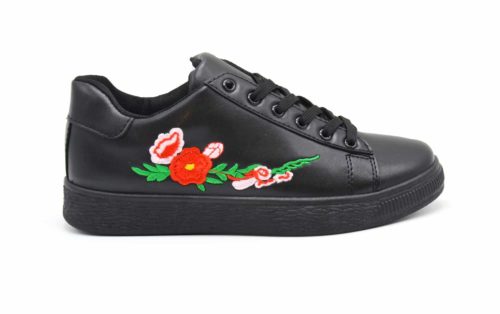 Baskets-Tennis-Sneakers-Simili-Cuir-avec-Broderie-Fleurs-et-Semelle-Relief-Noir