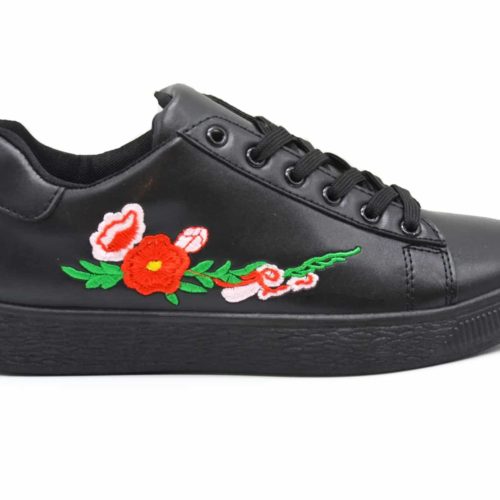 Baskets-Tennis-Sneakers-Simili-Cuir-avec-Broderie-Fleurs-et-Semelle-Relief-Noir