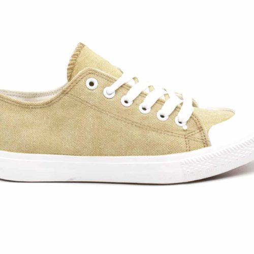 Baskets-Tennis-Sneakers-Toile-Uni-Beige-avec-Bout-Avant-et-Semelle-Blanche