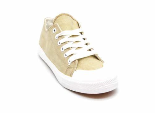 Baskets-Tennis-Sneakers-Toile-Uni-Beige-avec-Bout-Avant-et-Semelle-Blanche