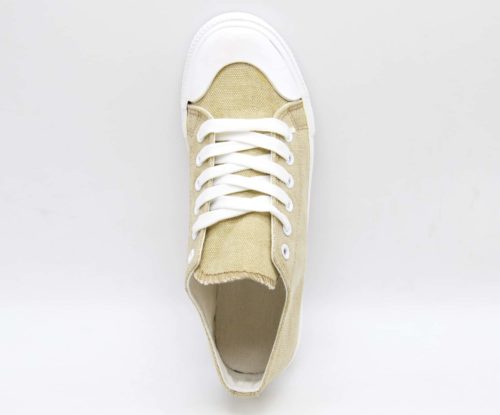 Baskets-Tennis-Sneakers-Toile-Uni-Beige-avec-Bout-Avant-et-Semelle-Blanche