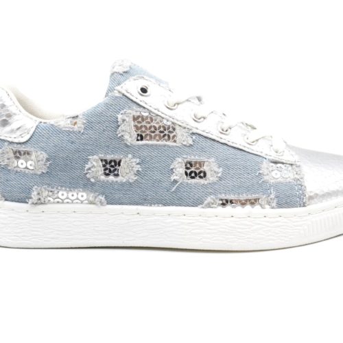 Baskets-Tennis-Sneakers-Toile-Effet-Jean-Denim-Clair-avec-Motif-Destroy-Sequins-et-Bouts-Ecailles-Argente