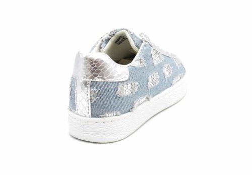 Baskets-Tennis-Sneakers-Toile-Effet-Jean-Denim-Clair-avec-Motif-Destroy-Sequins-et-Bouts-Ecailles-Argente