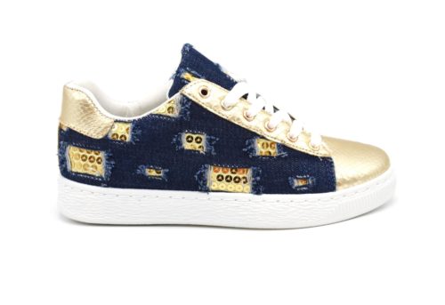 Baskets-Tennis-Sneakers-Toile-Effet-Jean-Denim-Fonce-avec-Motif-Destroy-Sequins-et-Bouts-Ecailles-Dore