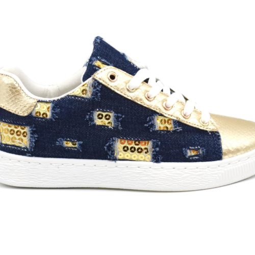 Baskets-Tennis-Sneakers-Toile-Effet-Jean-Denim-Fonce-avec-Motif-Destroy-Sequins-et-Bouts-Ecailles-Dore