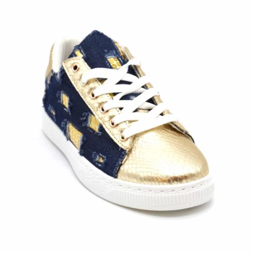 Baskets-Tennis-Sneakers-Toile-Effet-Jean-Denim-Fonce-avec-Motif-Destroy-Sequins-et-Bouts-Ecailles-Dore