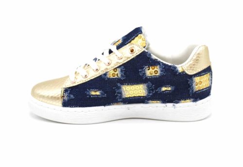 Baskets-Tennis-Sneakers-Toile-Effet-Jean-Denim-Fonce-avec-Motif-Destroy-Sequins-et-Bouts-Ecailles-Dore