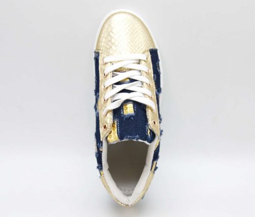 Baskets-Tennis-Sneakers-Toile-Effet-Jean-Denim-Fonce-avec-Motif-Destroy-Sequins-et-Bouts-Ecailles-Dore