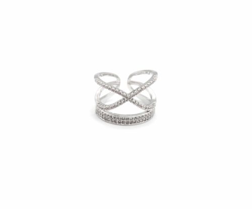 Bague-Ouverte-Double-Rangs-Croises-et-Bandes-Strass-Zirconium-Argente