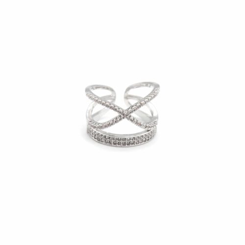 Bague-Ouverte-Double-Rangs-Croises-et-Bandes-Strass-Zirconium-Argente