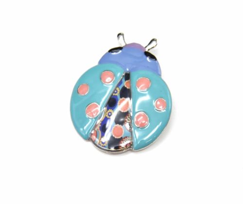 Broche-Coccinelle-Metal-Peint-Bleu-avec-Pois-Motif-Paisley-et-Metal-Argente