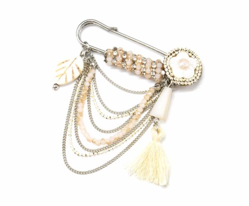 Broche-Epingle-Fleur-et-Feuille-Nacre-avec-Contour-Perles-Beige-et-Multi-Chaines-Metal-Argente